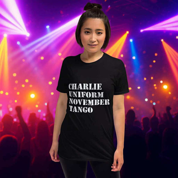 CHARLIE UNIFORM NOVEMBER TANGO Short-Sleeve Unisex T-Shirt (White logo)
