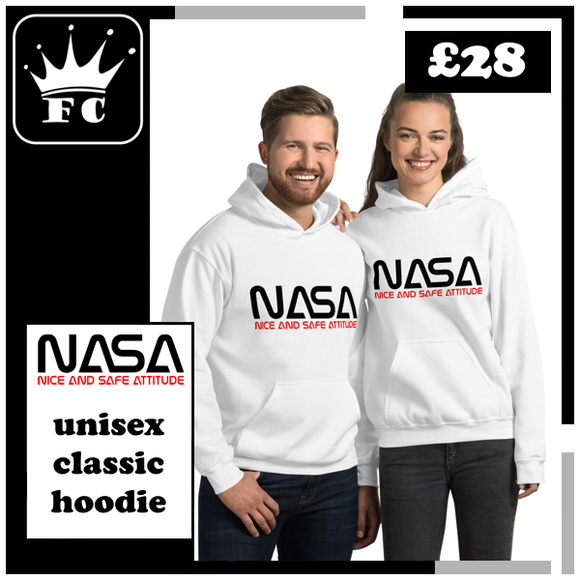 Sudadera con capucha unisex de actitud agradable y segura de la NASA logotipo negro rojo