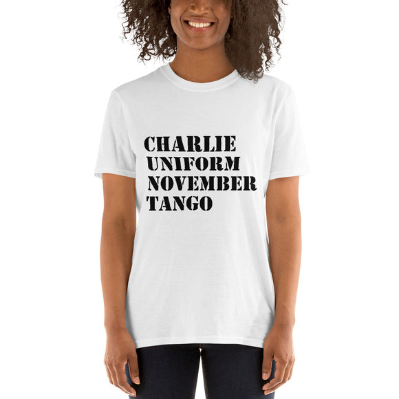 CHARLIE UNIFORM NOVEMBER TANGO Short-Sleeve Unisex T-Shirt (Black logo)