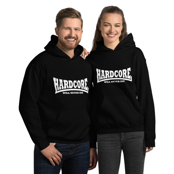 HARDCORE Will Never Die Sudadera con capucha unisex (logotipo blanco)